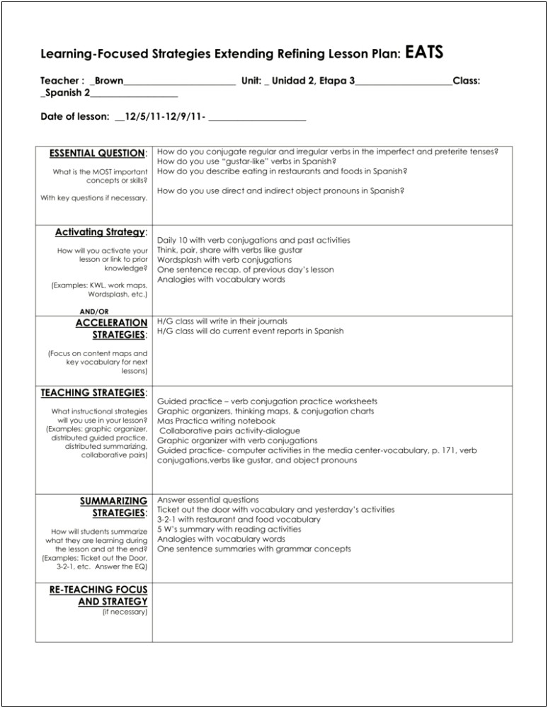 Learning Focused Eats Lesson Plan Template