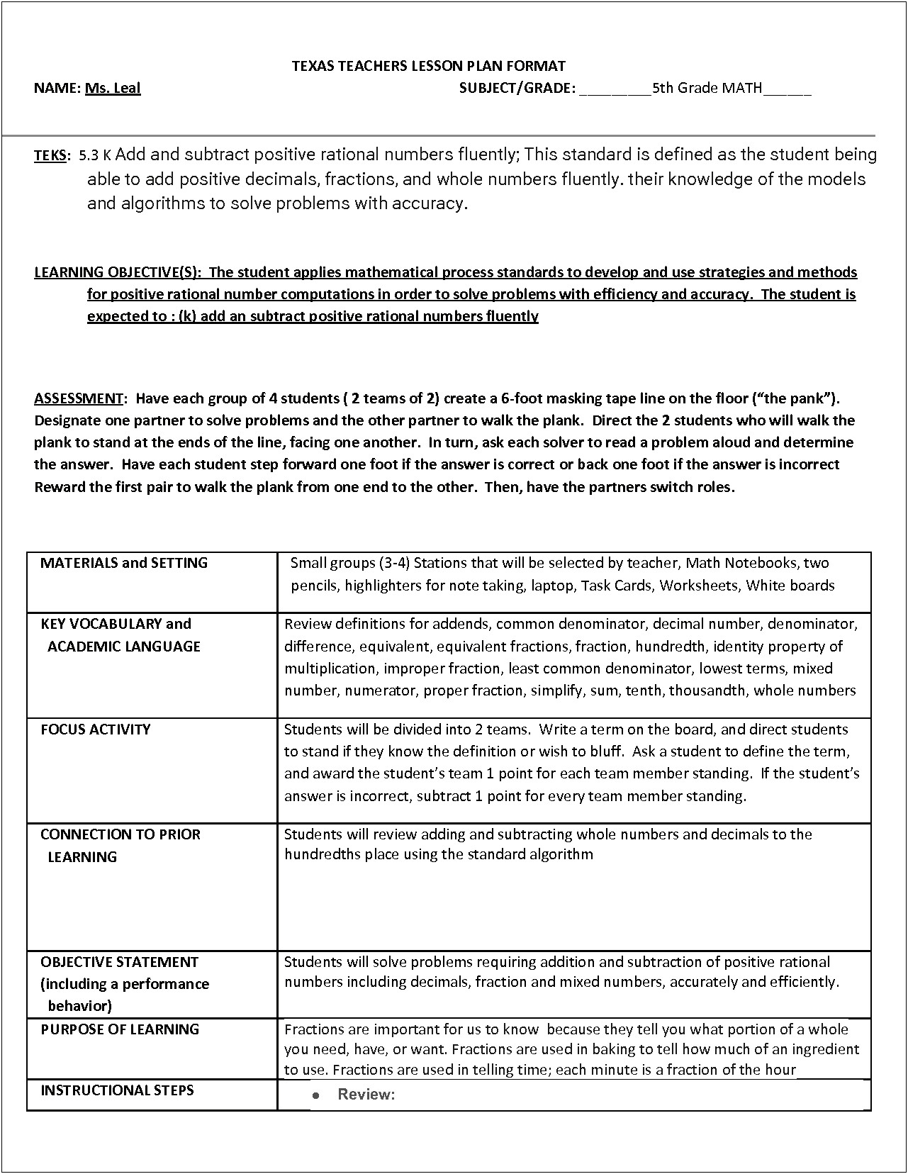 Learning Focused Math Lesson Plan Template