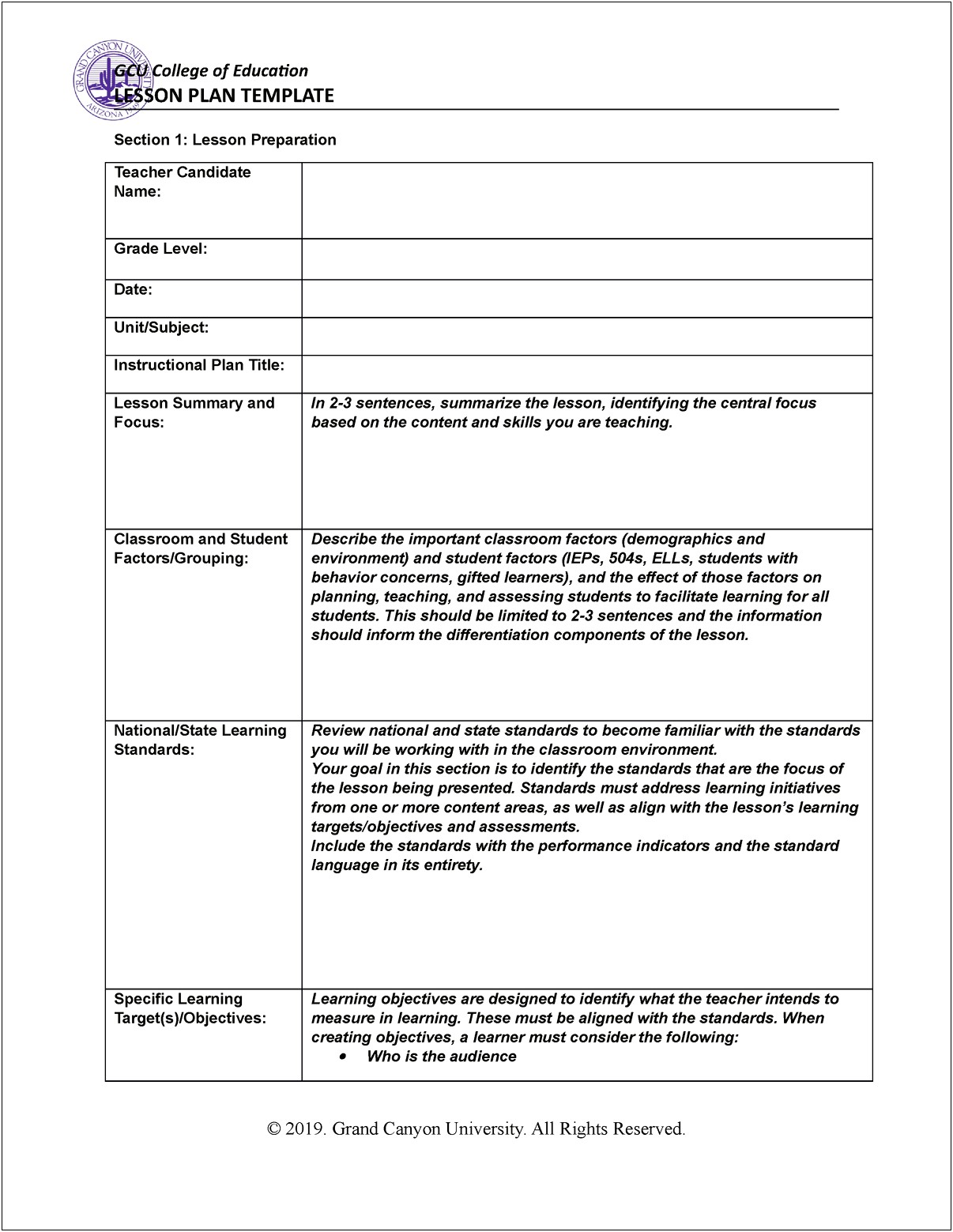 Learning Focused Weekly Lesson Plan Template