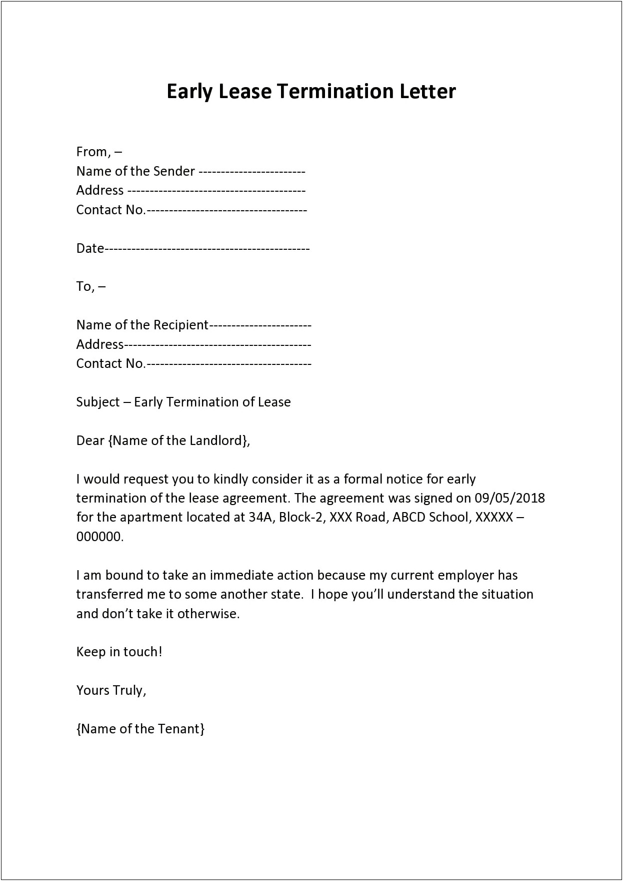 Lease Termination Letter Template To Landlord
