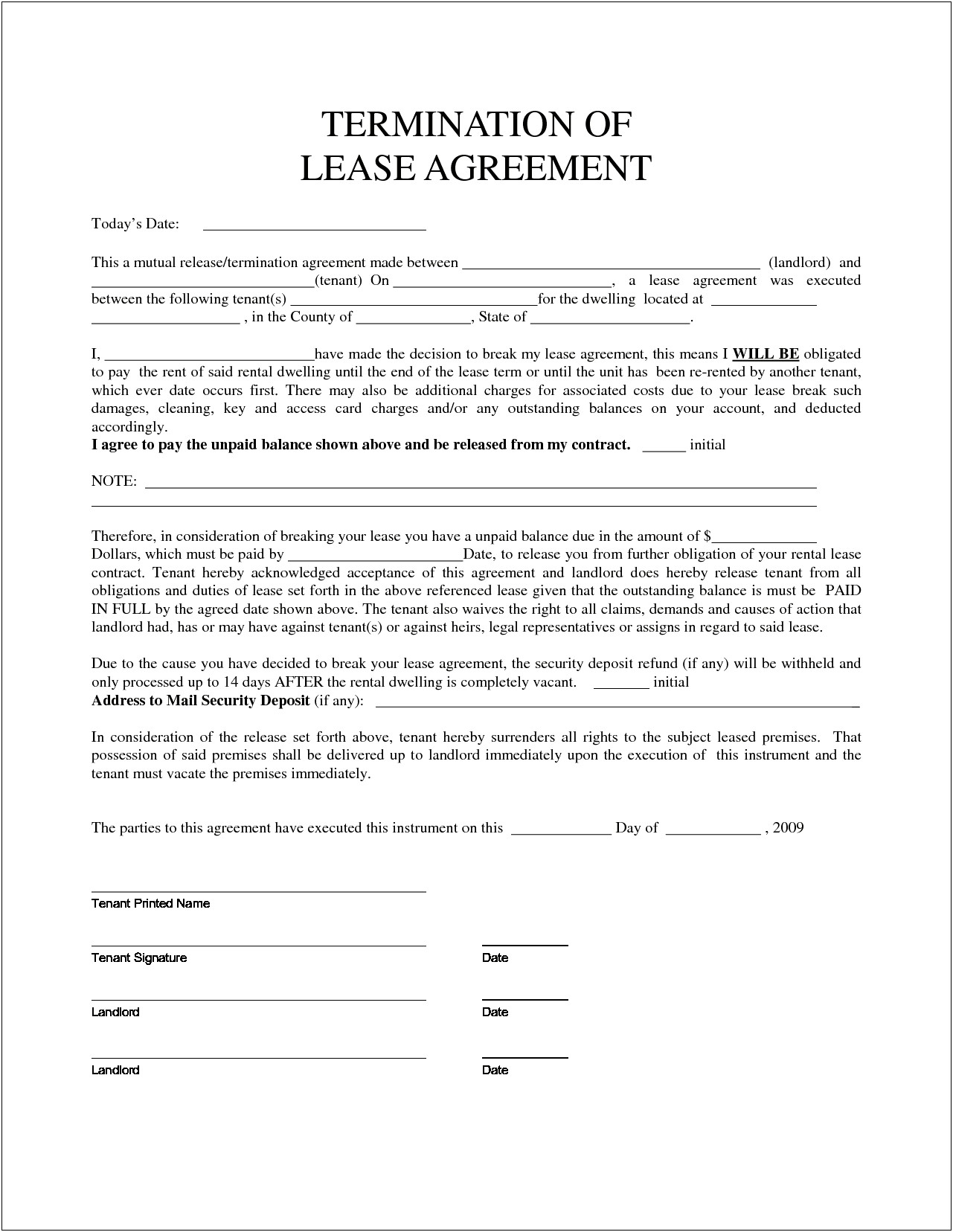 Lease Termination Letter To Landlord Printable Template