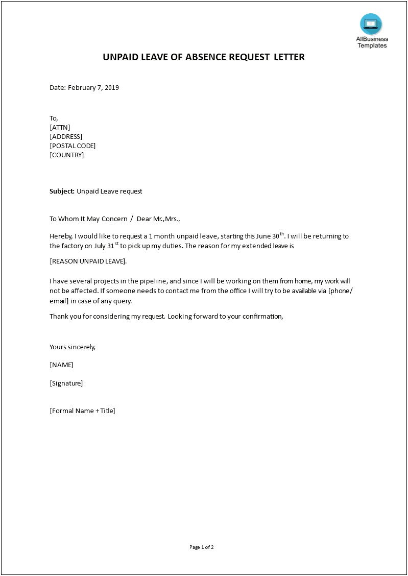 Leave Of Absence Approval Letter Template