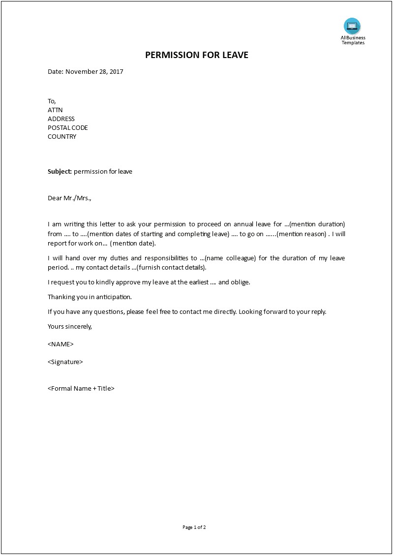 Leave Of Absence Letter Template Employer