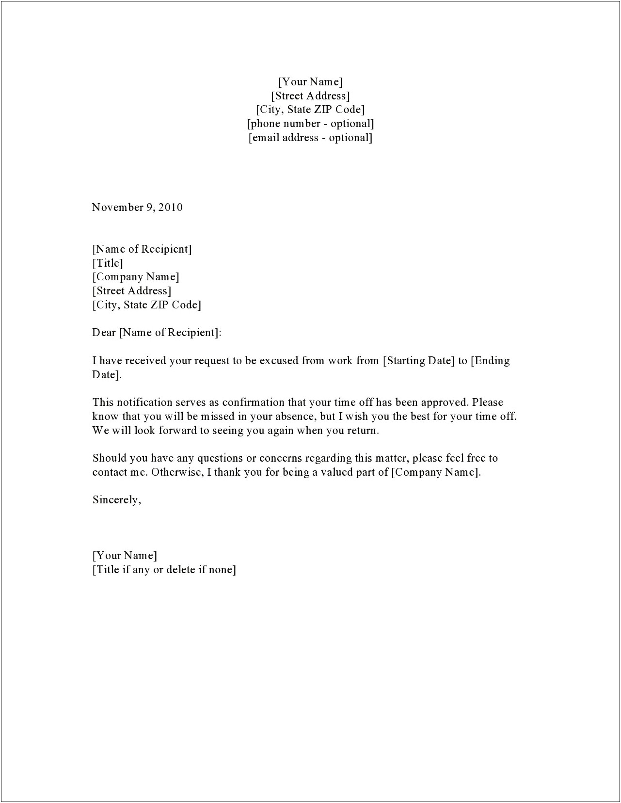 Leave Of Absence Letter Template For School