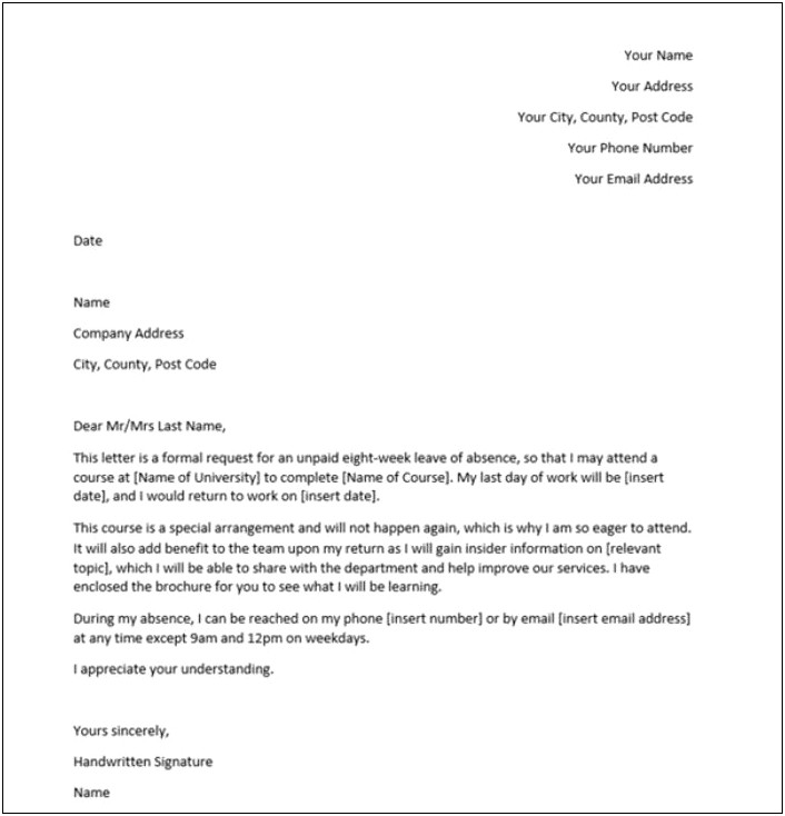 Leave Of Absence Letter To Employer Template