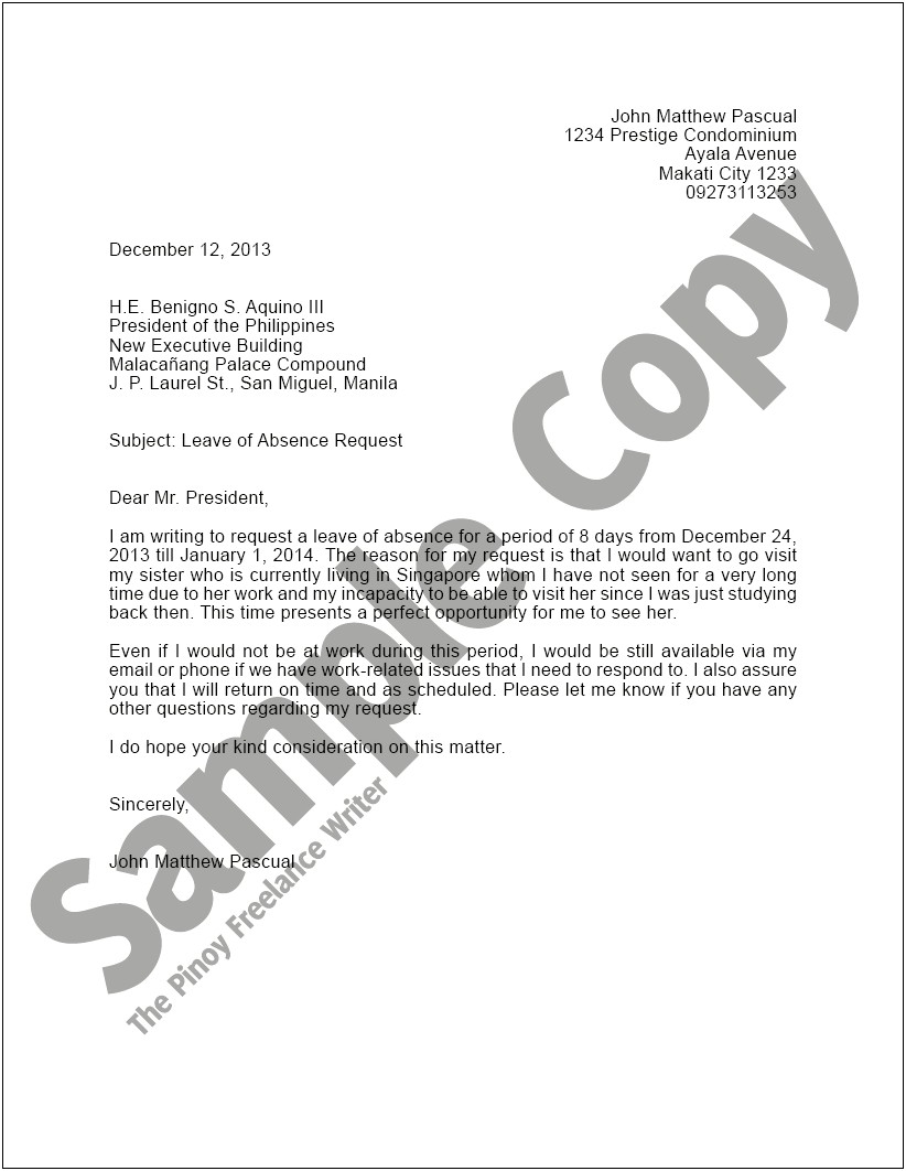 Leave Of Absence Request Letter Template