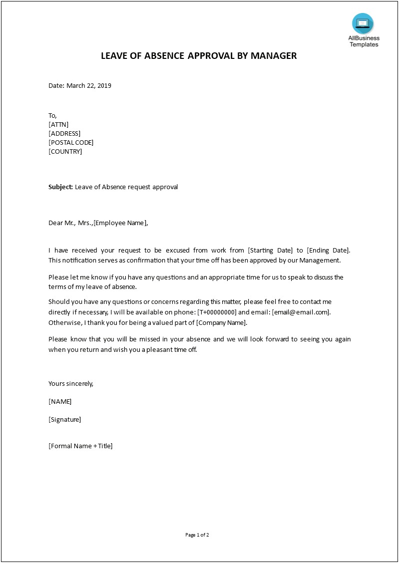 Leave Without Pay Approval Letter Template