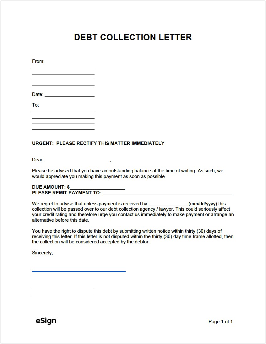 Legal Action Debt Collection Letter Template