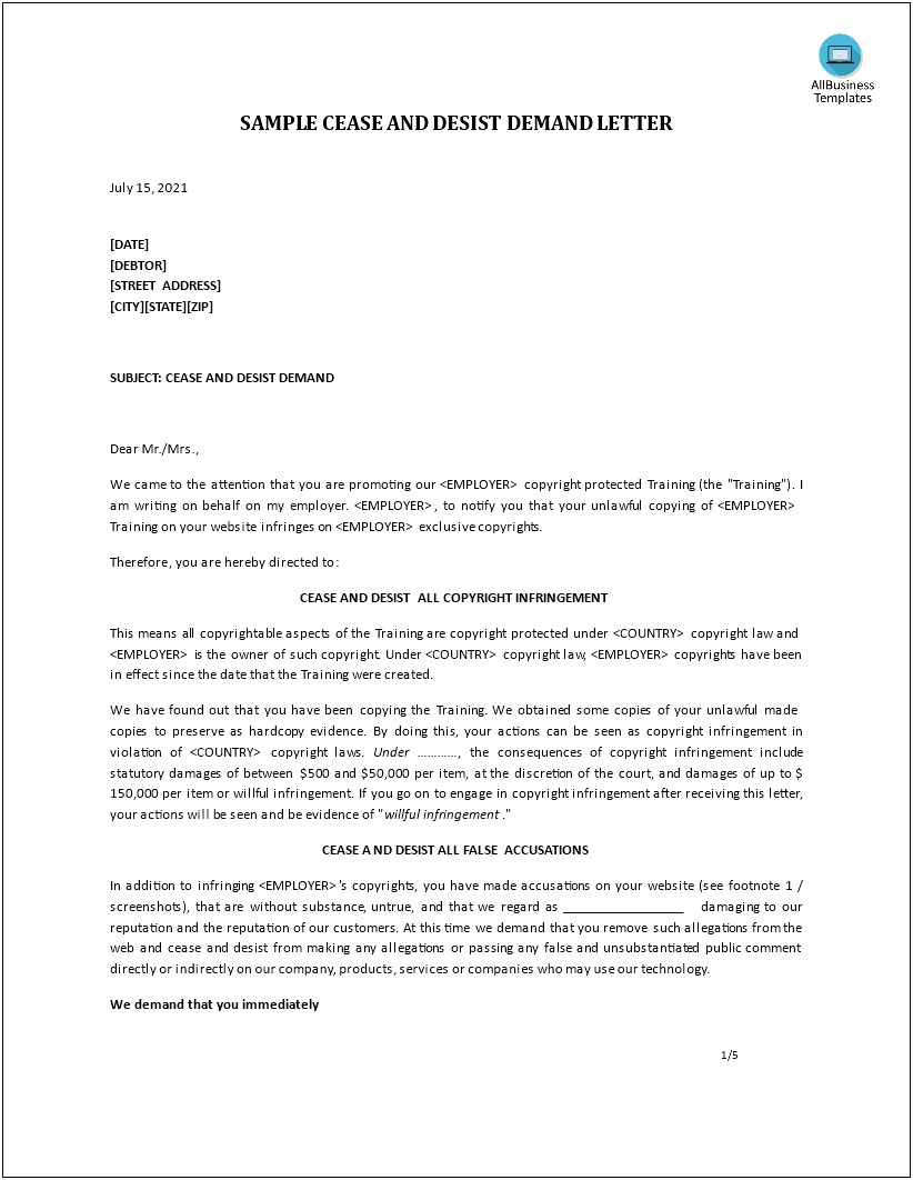 Legal Demand Letter For Payment Template