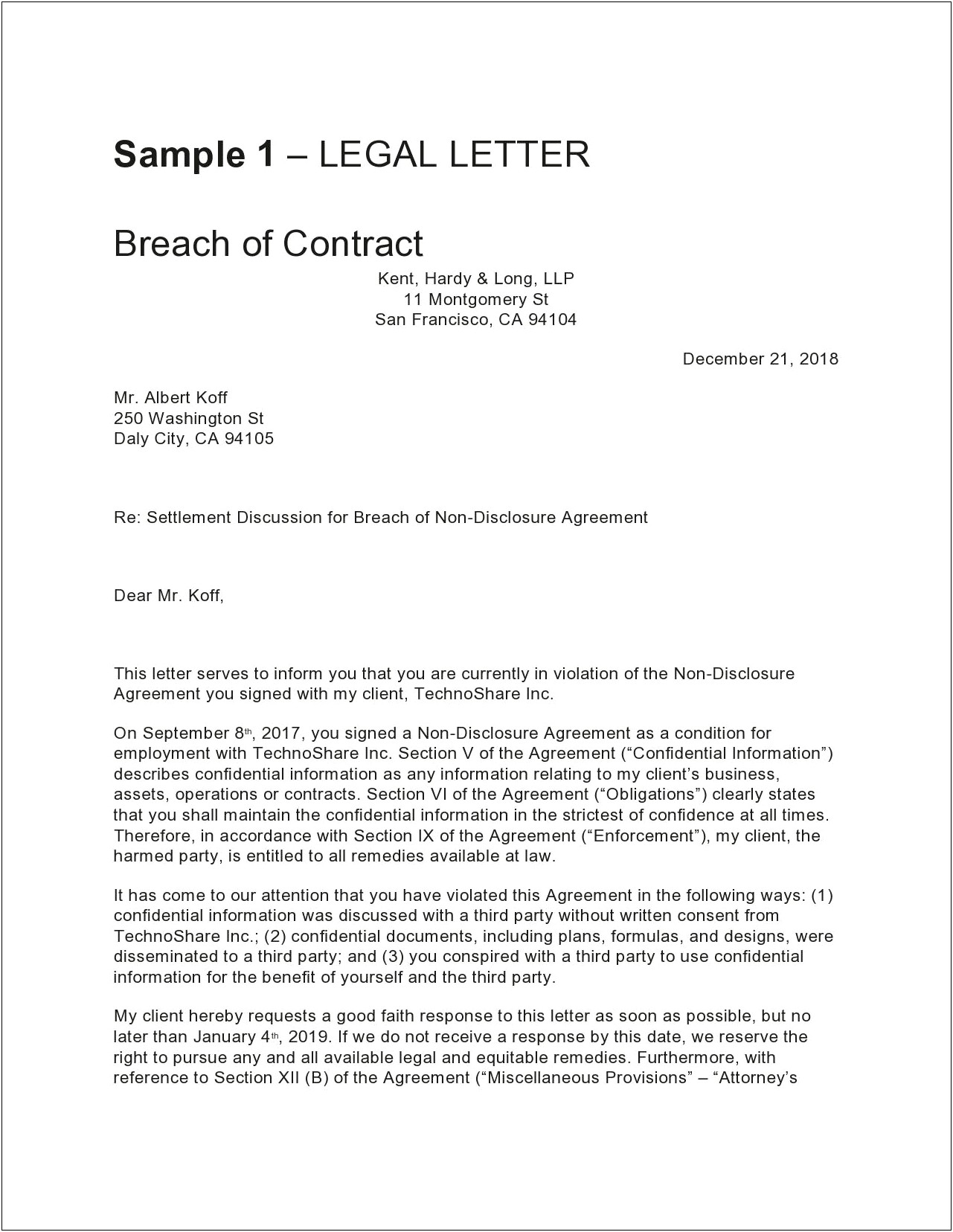 Legal Letter Template With Subject Line