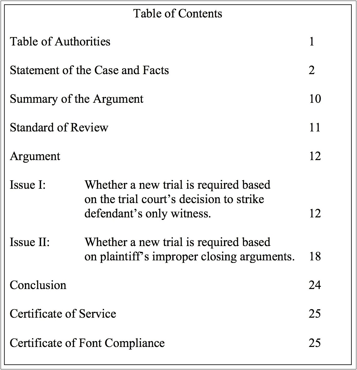 Legal Table Of Contents Appellate Template For Word