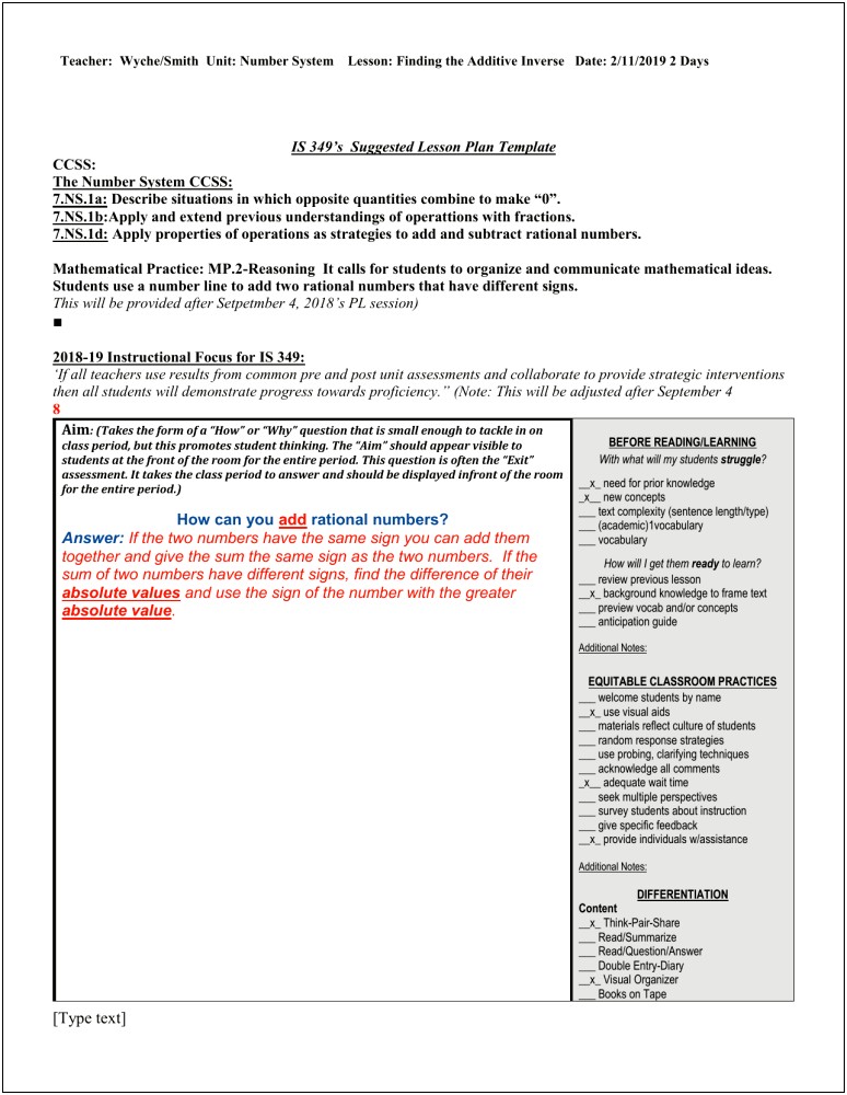 Lesson Plan Feedback Learning Focused Lesson Plan Template