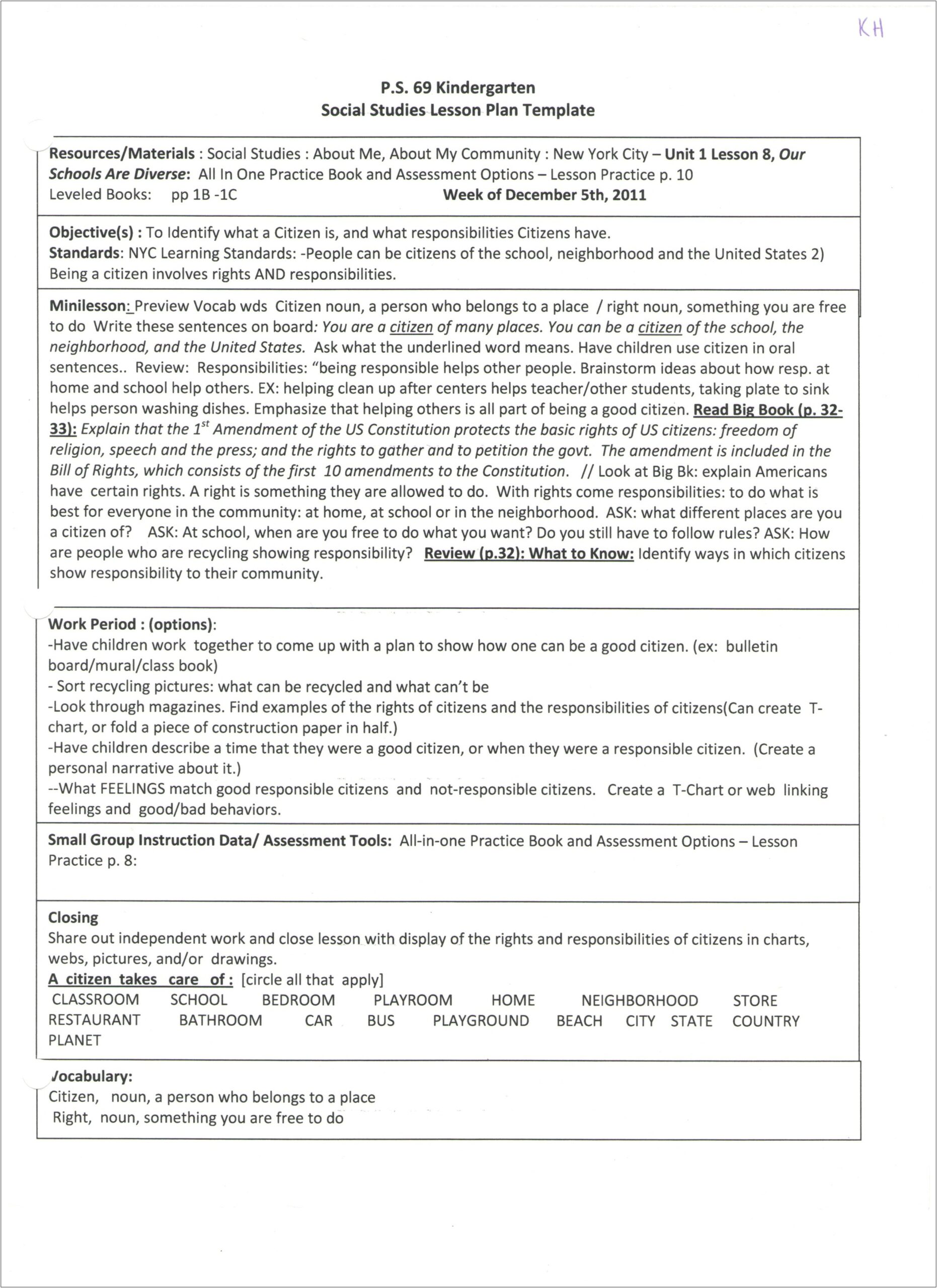 Lesson Plan Template About My City