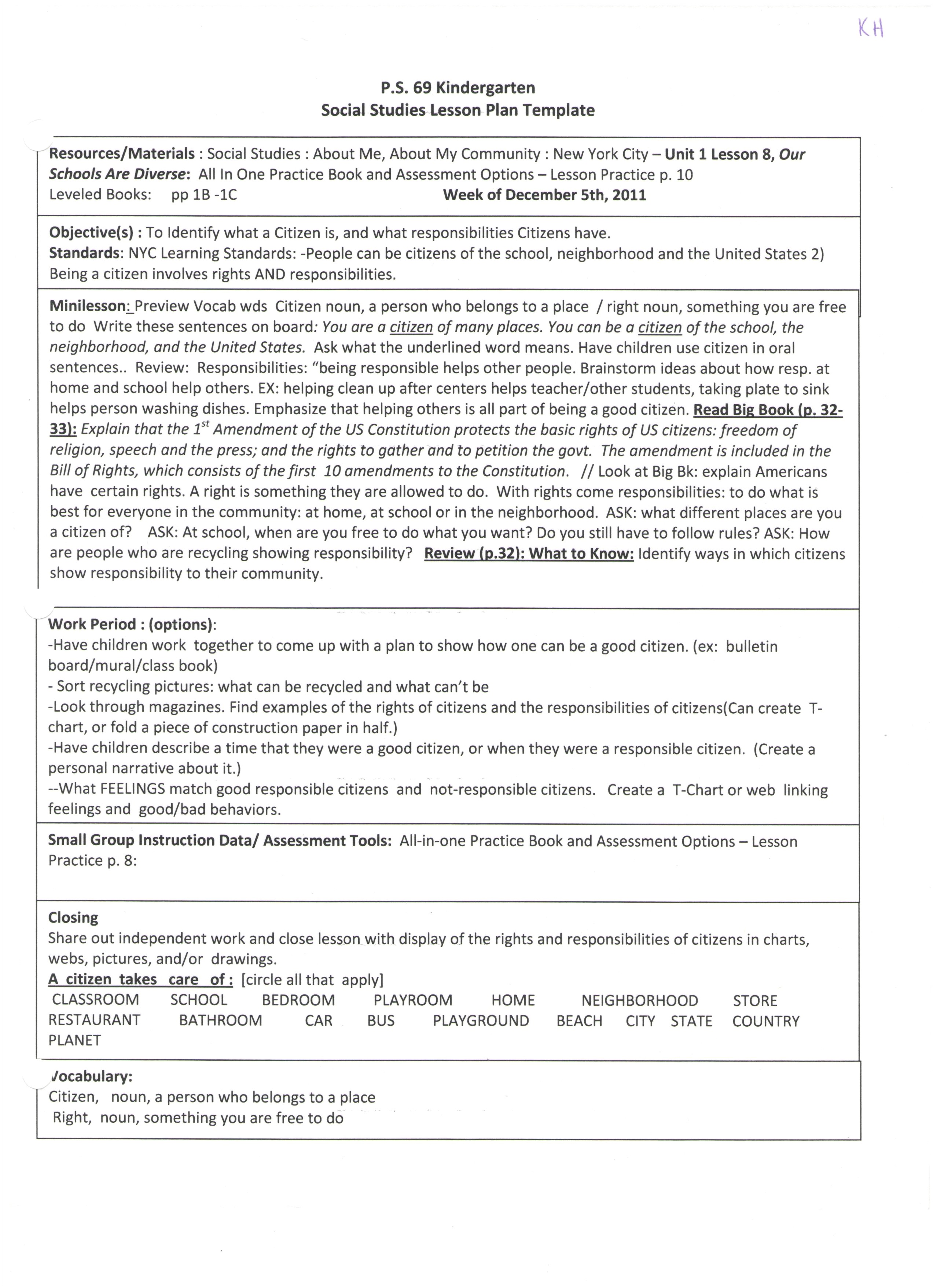 Lesson Plan Template About My City