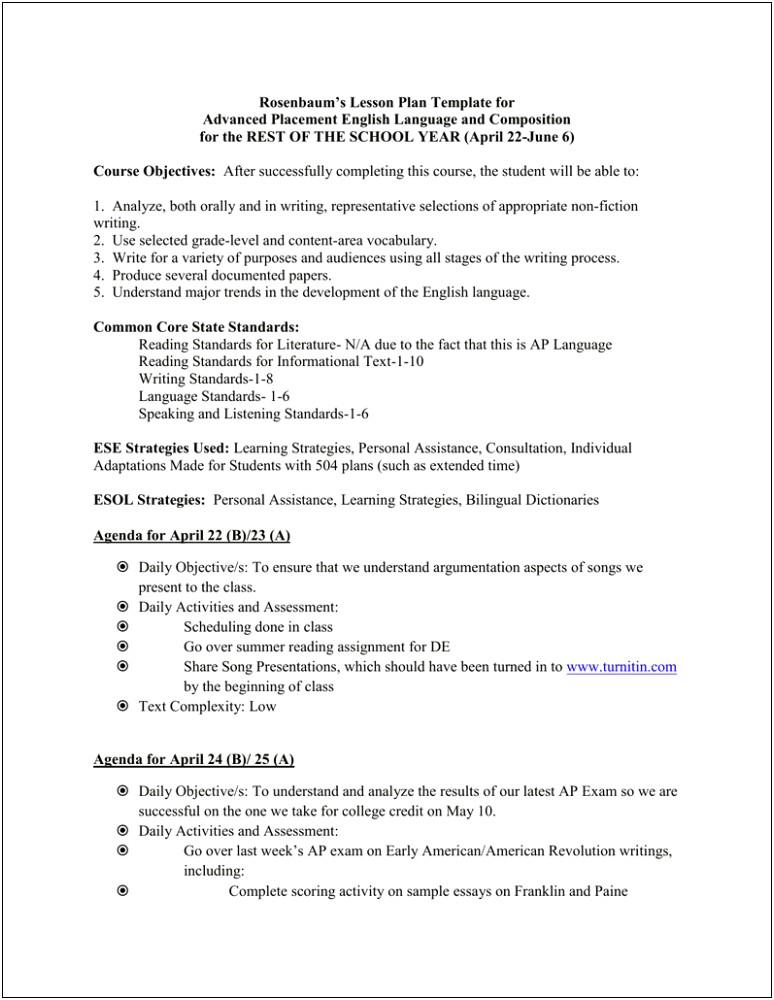 Lesson Plan Template Common Core English