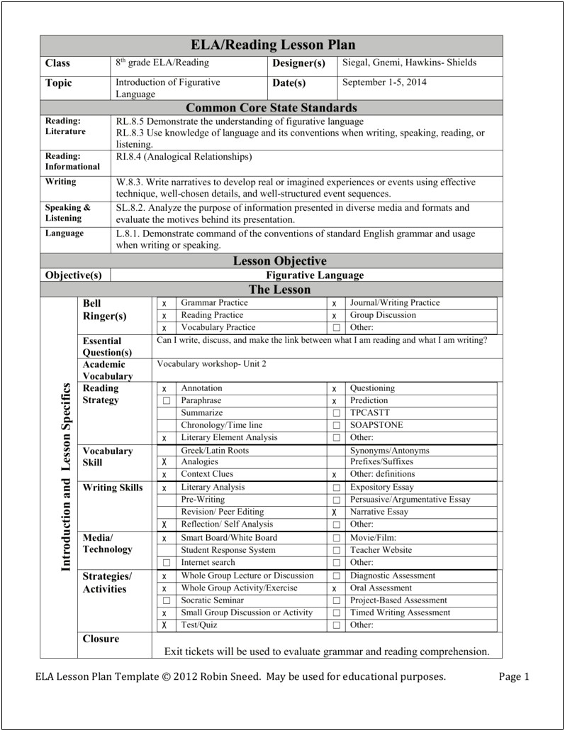 Lesson Plan Template Common Core Language Arts