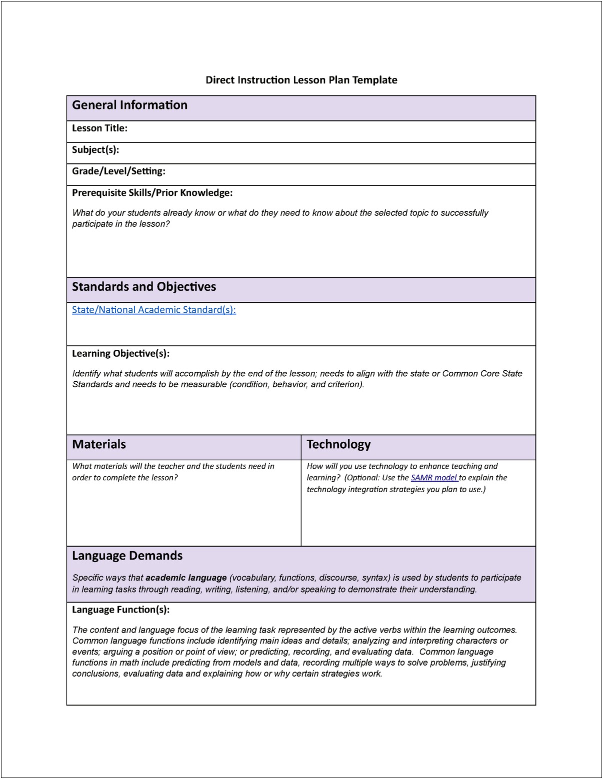 Lesson Plan Template Common Core Reading