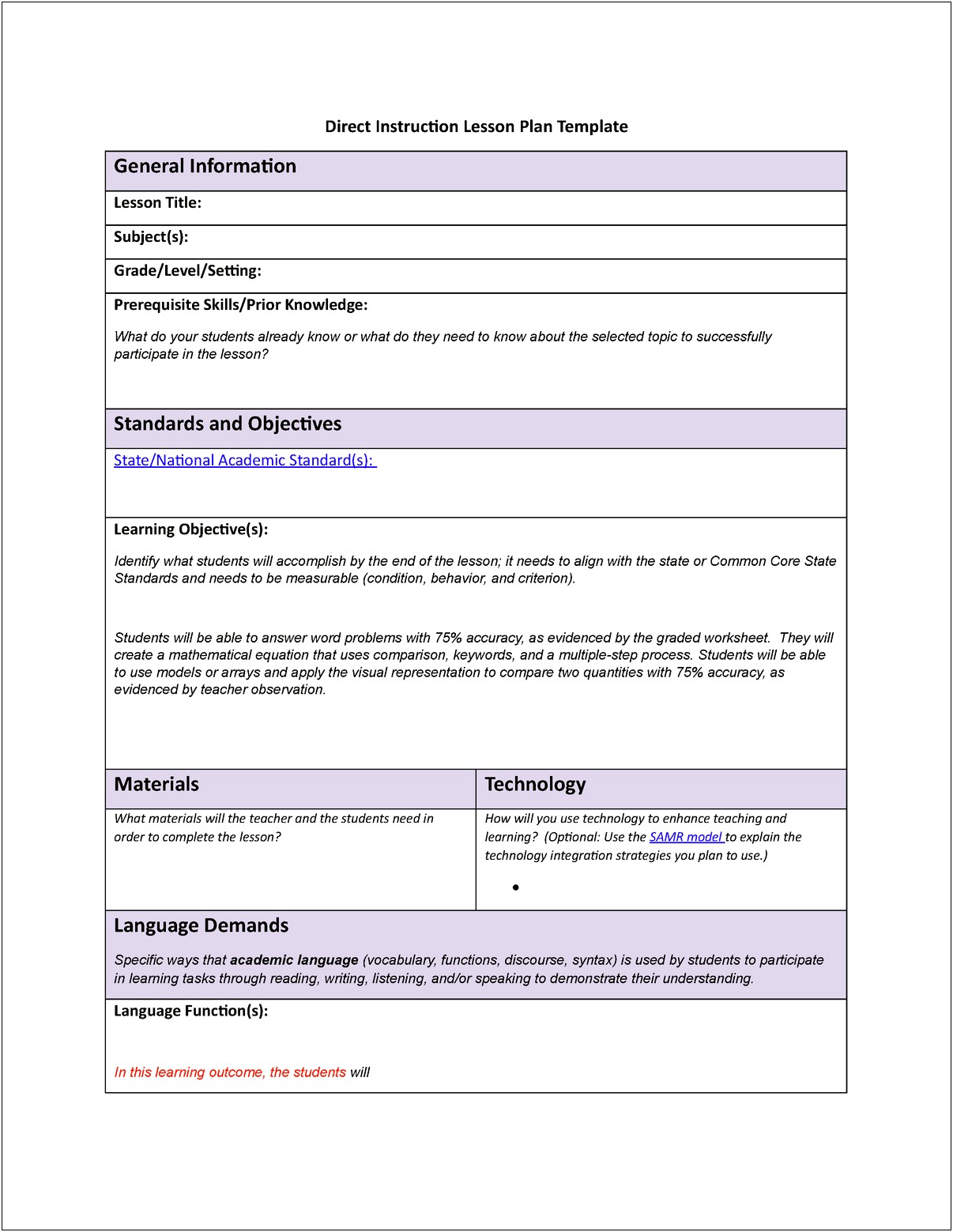 Lesson Plan Template Common Core Social Studies