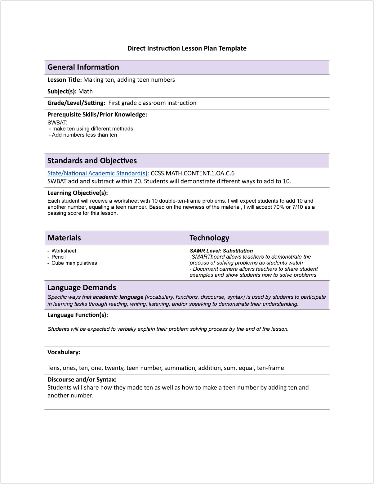 Lesson Plan Template Direct Instruction Model