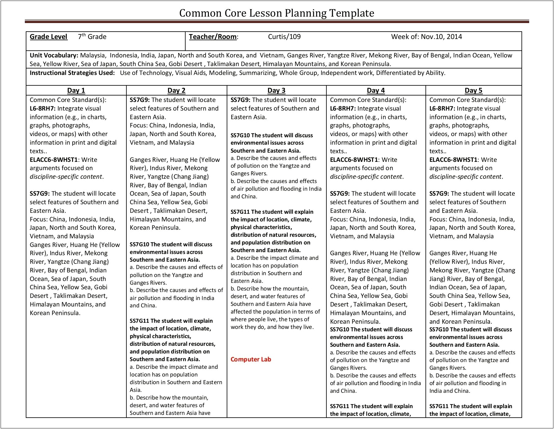 Lesson Plan Template Doc Common Core