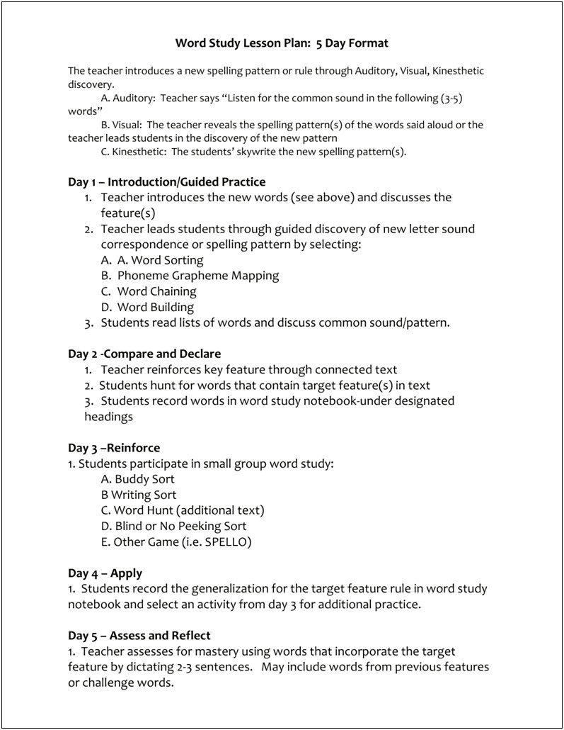 Lesson Plan Template For 5 Days