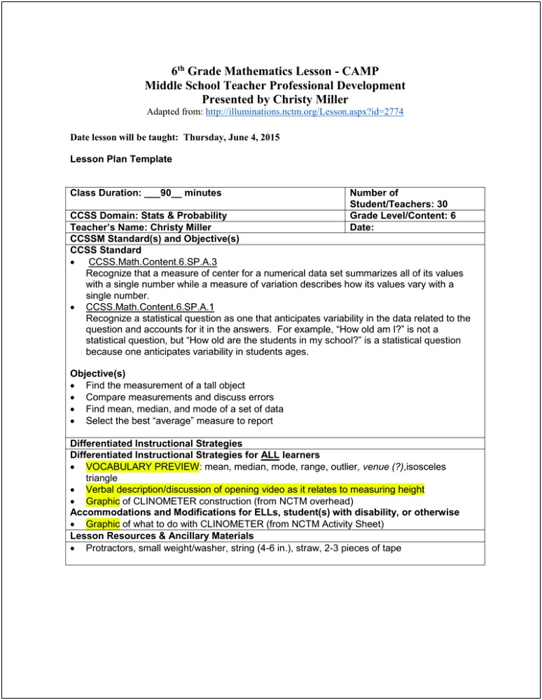 Lesson Plan Template For 6th Grade Math