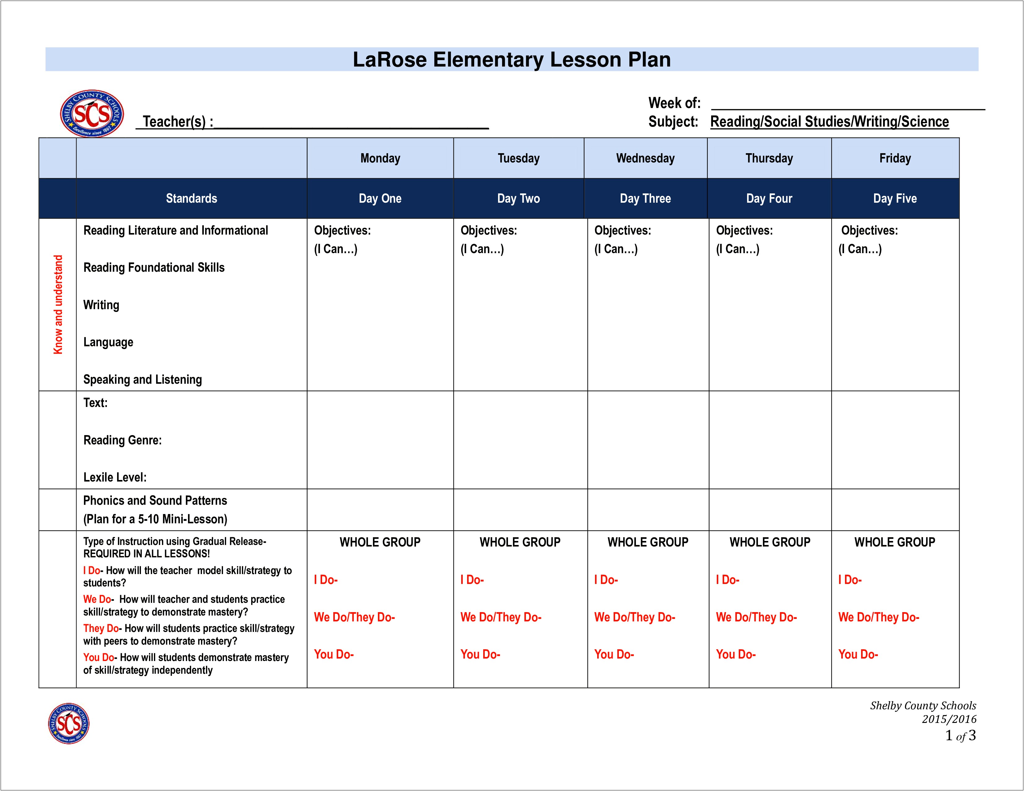 Lesson Plan Template For A Day