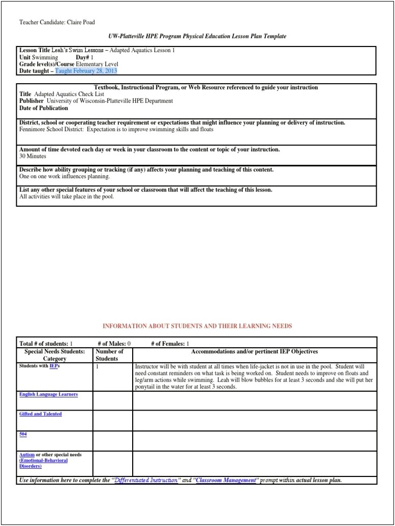 Lesson Plan Template For Autism Classroom