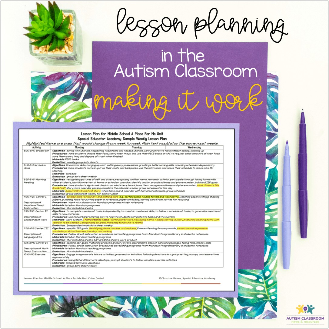 Lesson Plan Template For Autistic Core