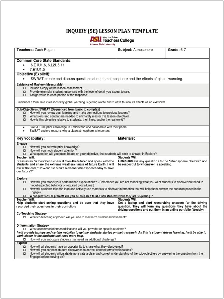 Lesson Plan Template For College Instructor