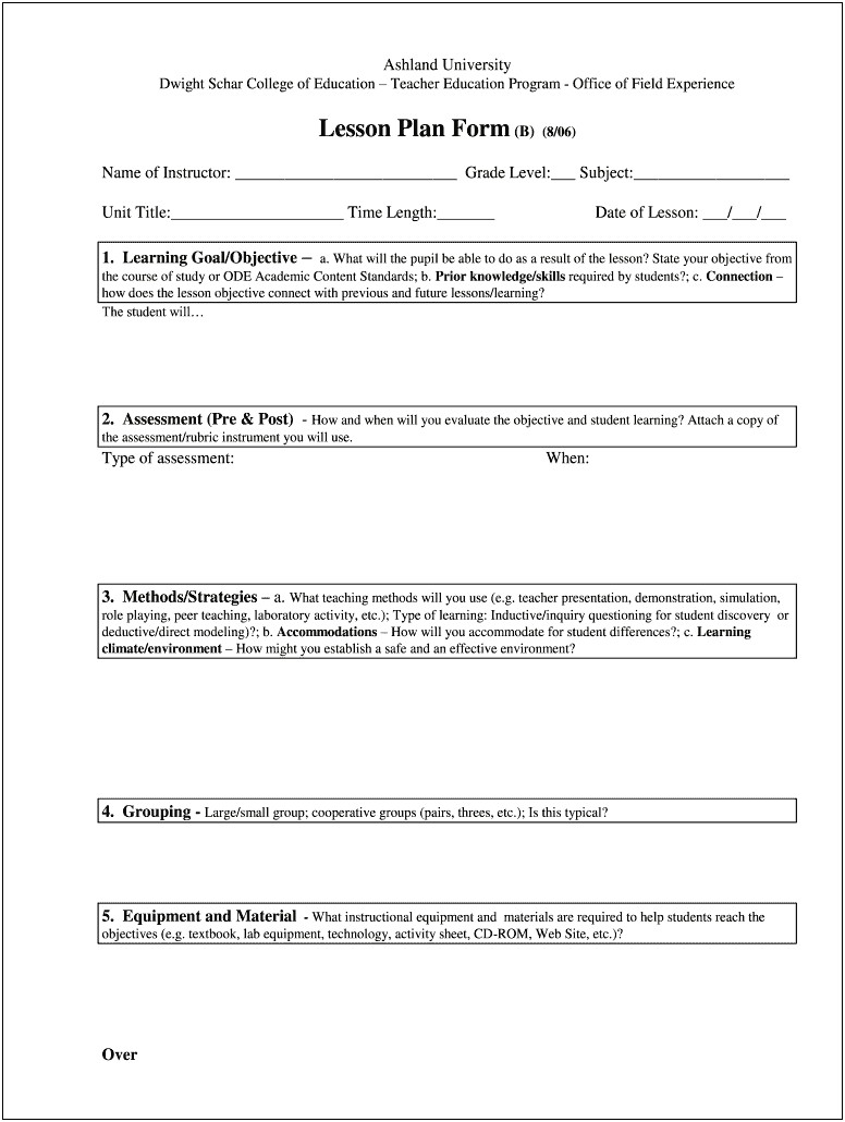 Lesson Plan Template For College Instructors