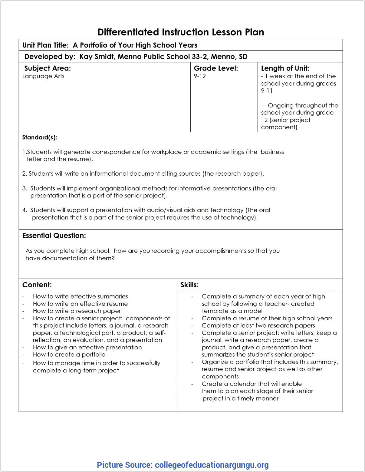 Lesson Plan Template For Differentiated Lesson