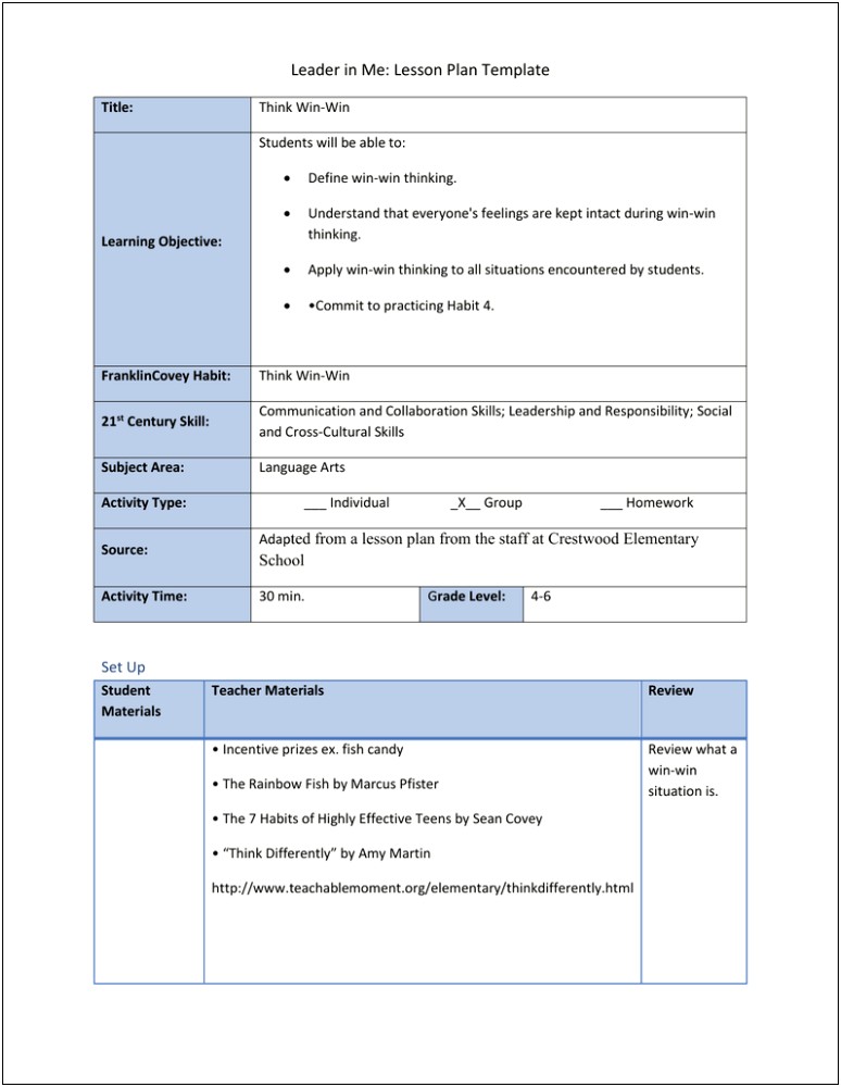 Lesson Plan Template For Elementary Grades