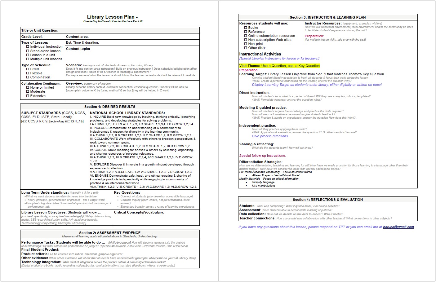 Lesson Plan Template For Elementary Library