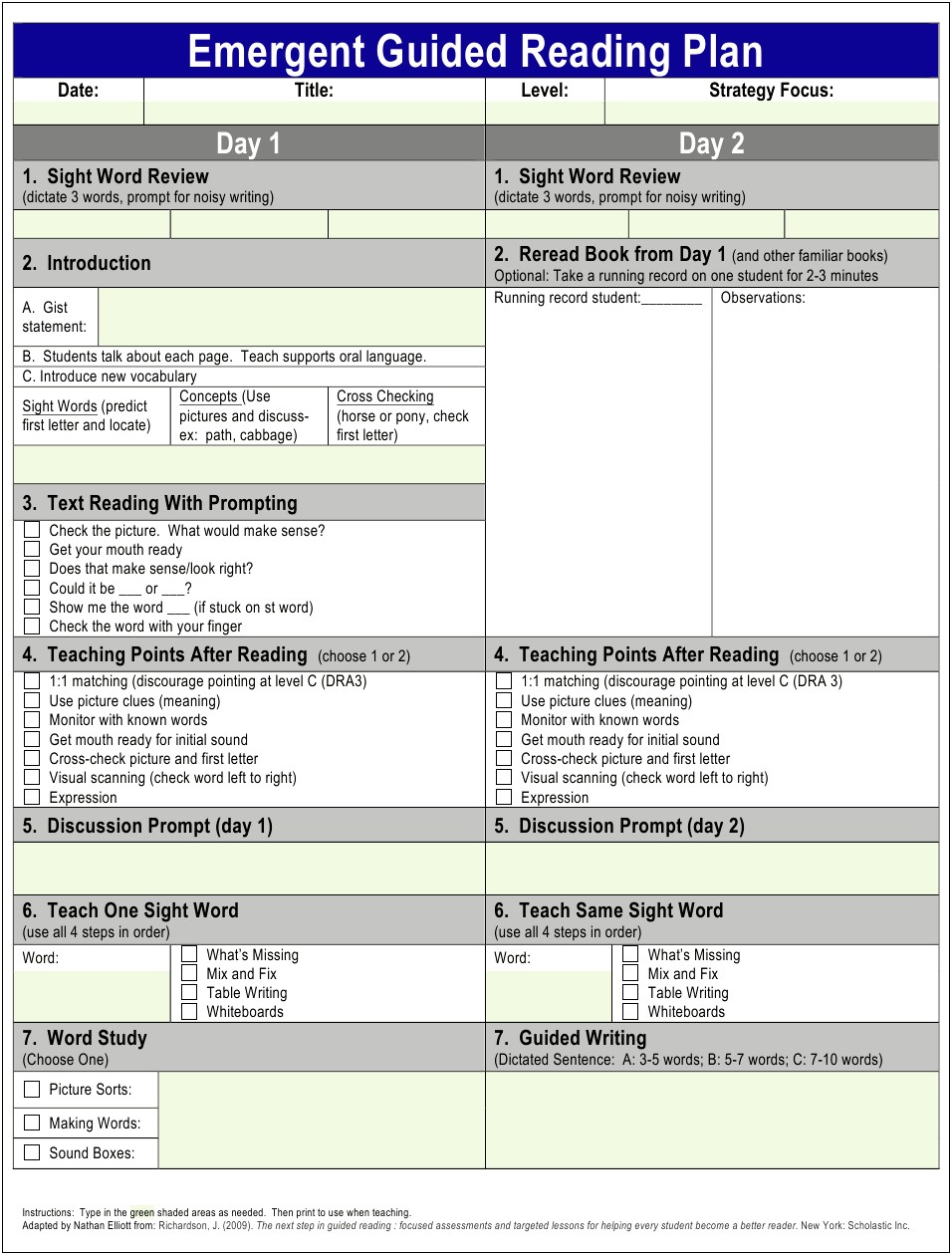 Lesson Plan Template For Elementary Literacy