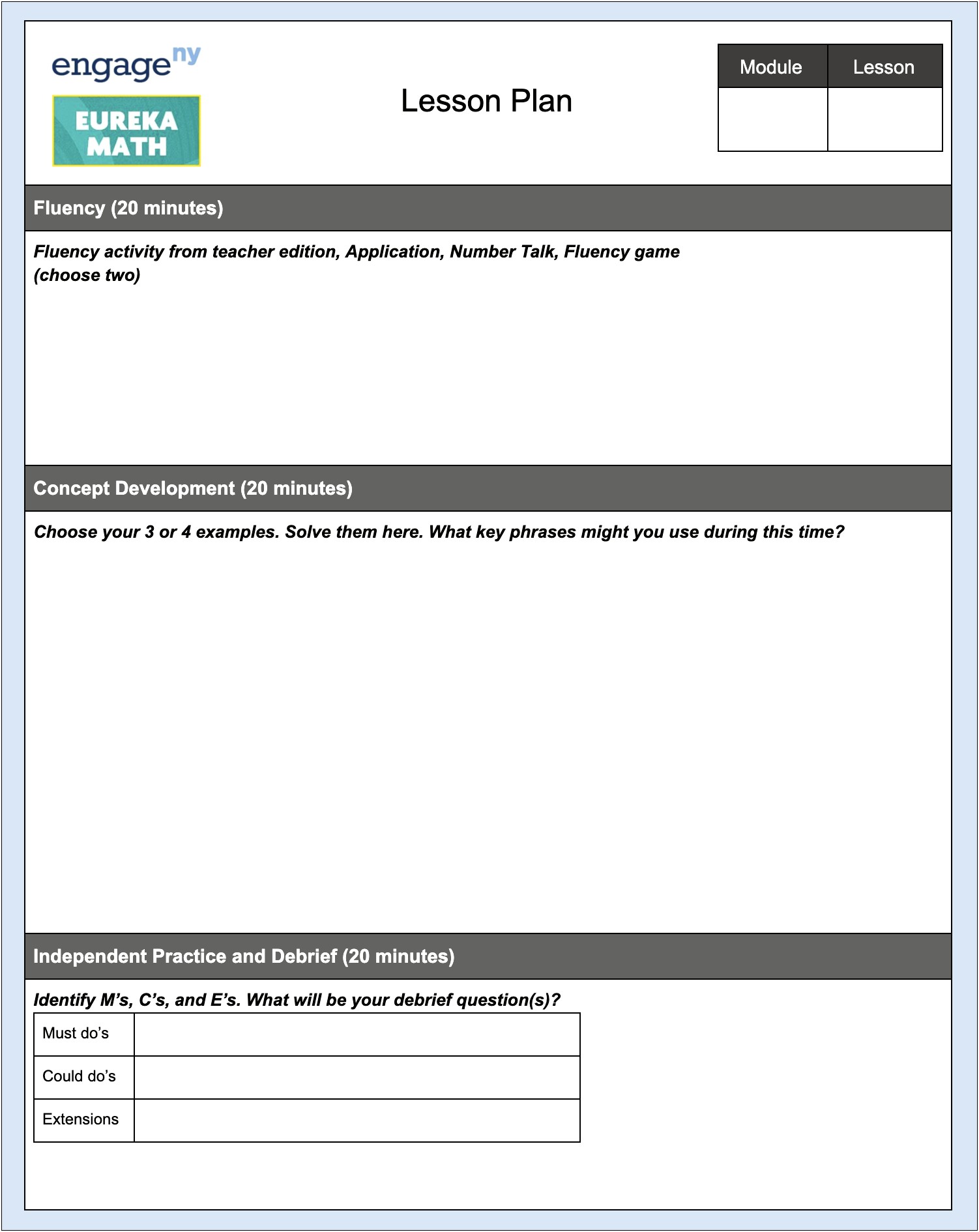 Lesson Plan Template For Elementary Math