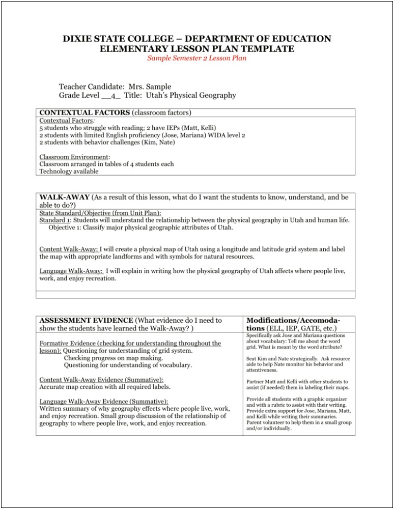 Lesson Plan Template For Elementary Writing