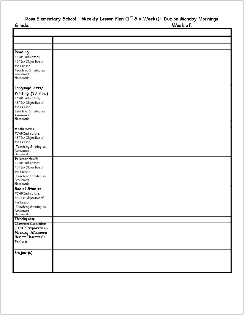 Lesson Plan Template For Elemtary School Health