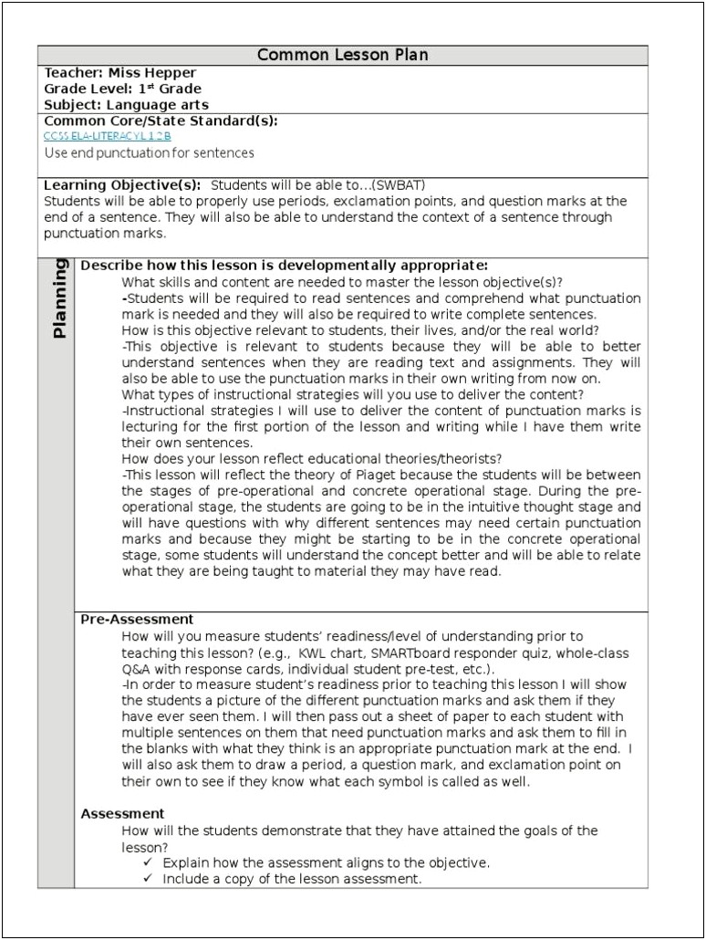 Lesson Plan Template For English Punctuation