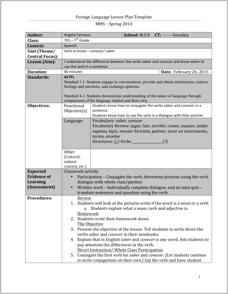 Lesson Plan Template For Foreign Language