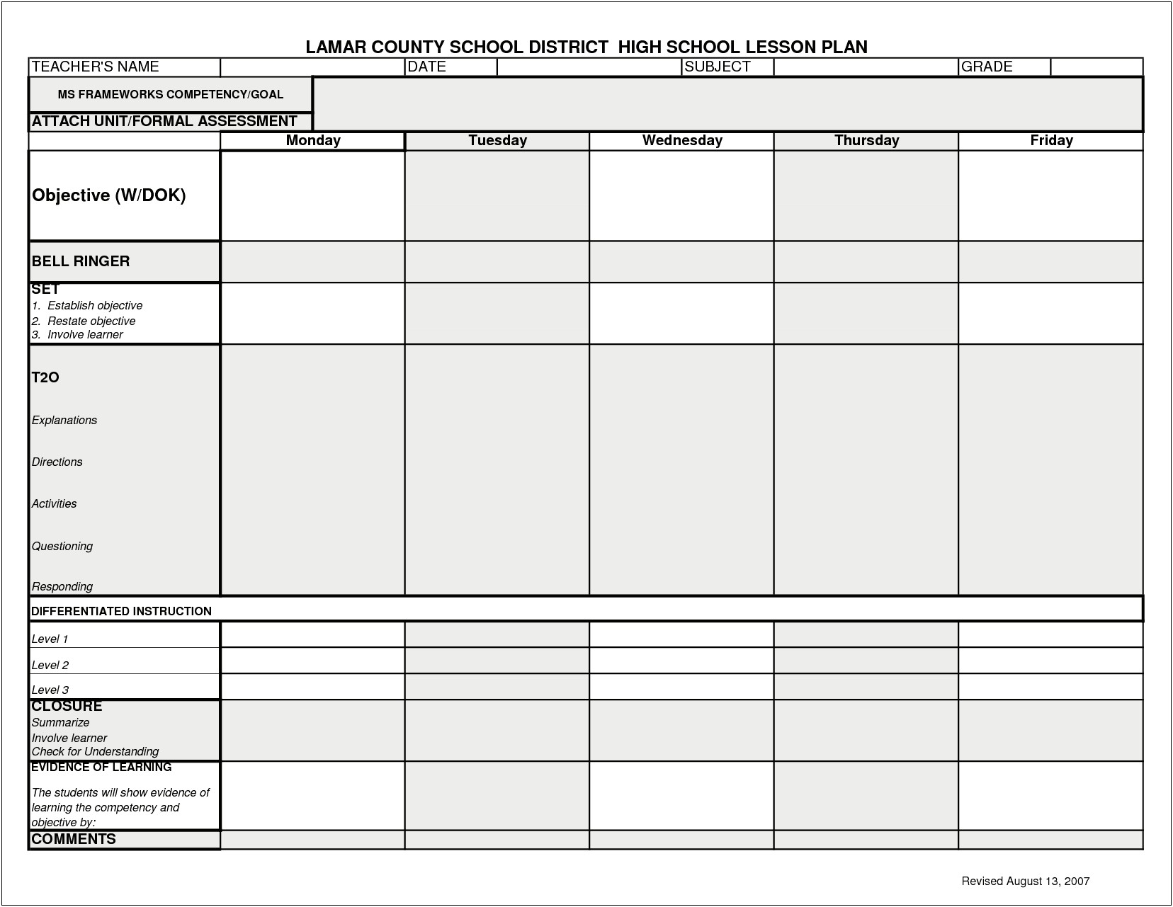 Lesson Plan Template For High School Science Teachers