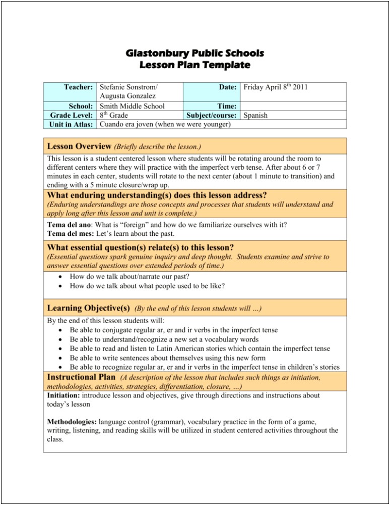 Lesson Plan Template For High School Students