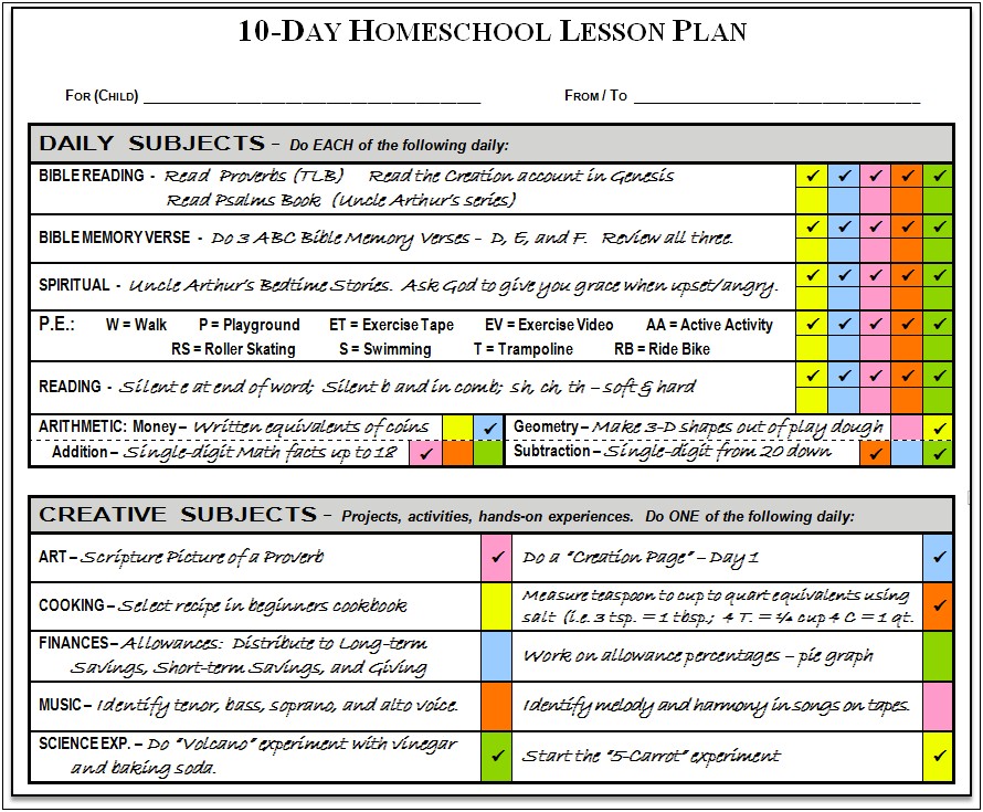 Lesson Plan Template For Home School