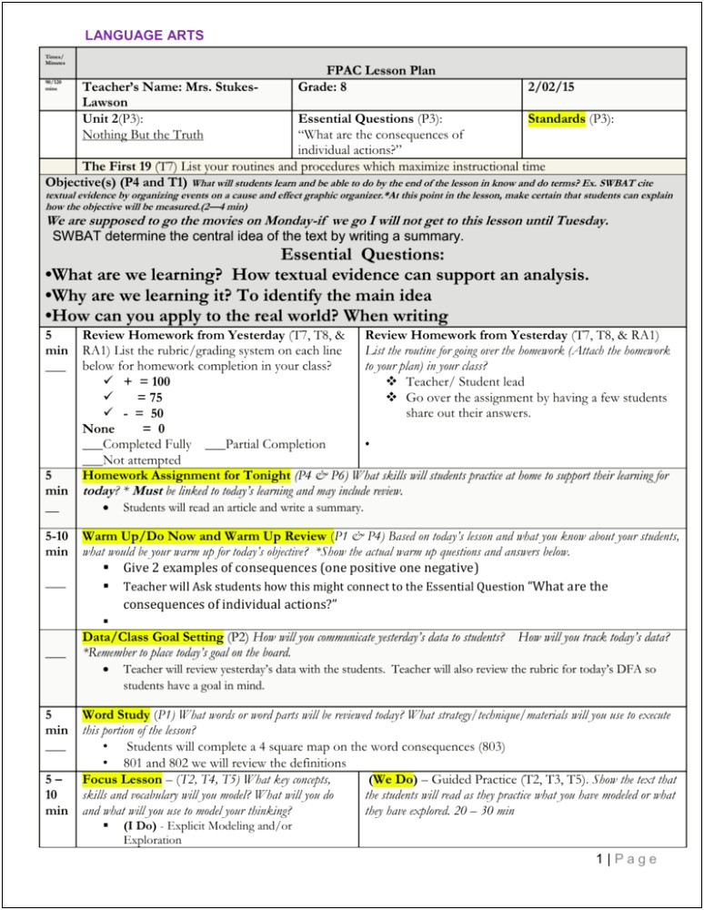 Lesson Plan Template For Language Arts