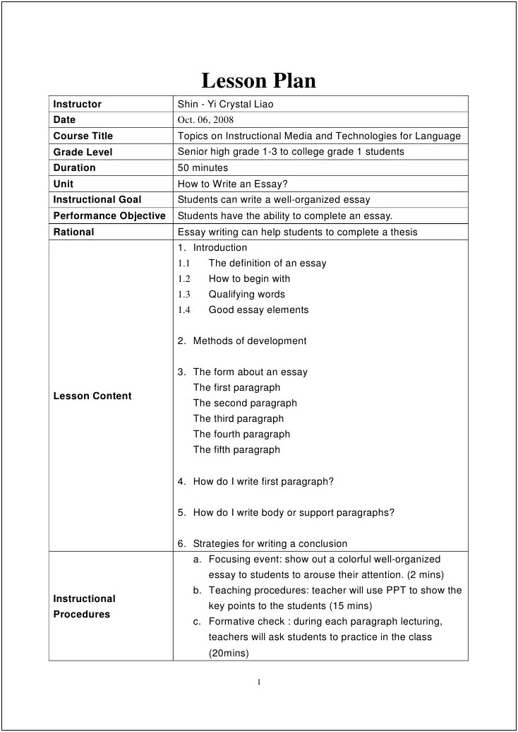 Lesson Plan Template For Middle School Chorus