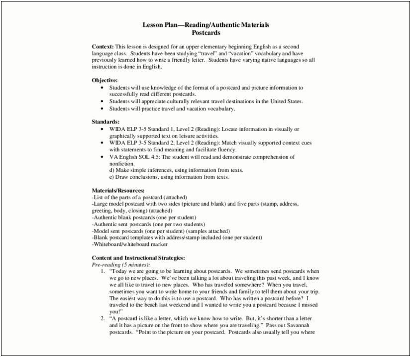 Lesson Plan Template For Middle School English