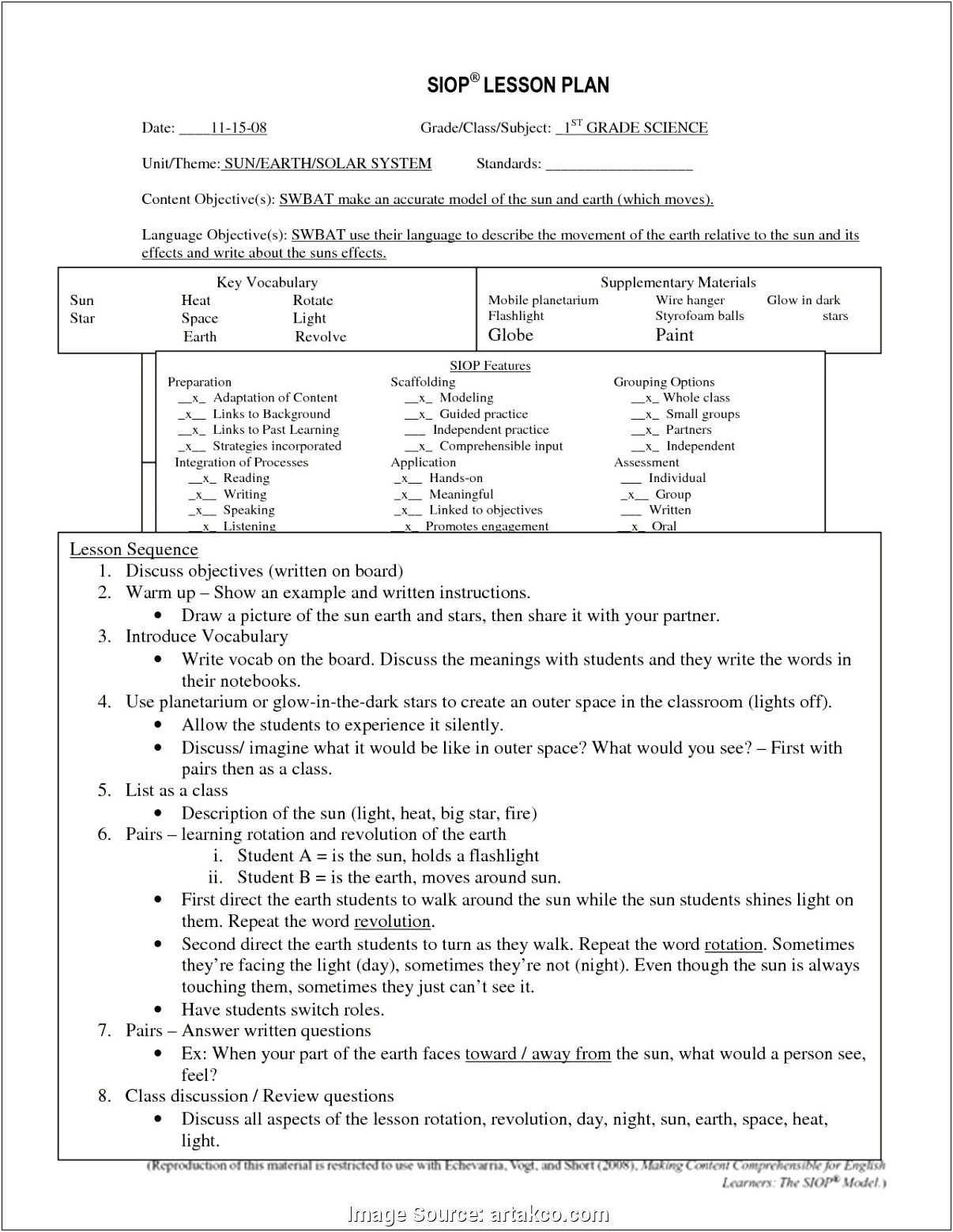 Lesson Plan Template For Model Lesson