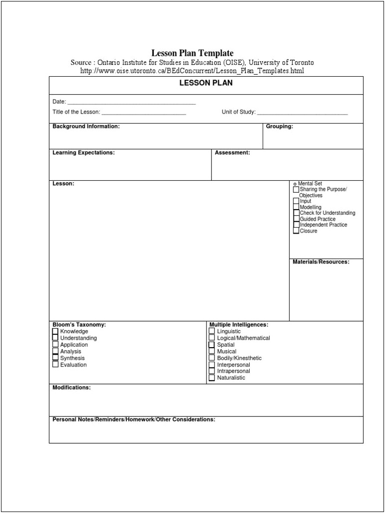 Lesson Plan Template For Multiple Intelligences