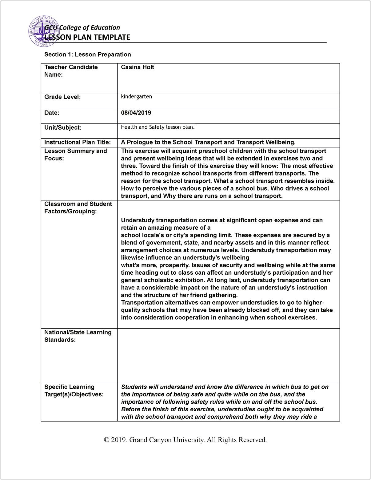 Lesson Plan Template For National University