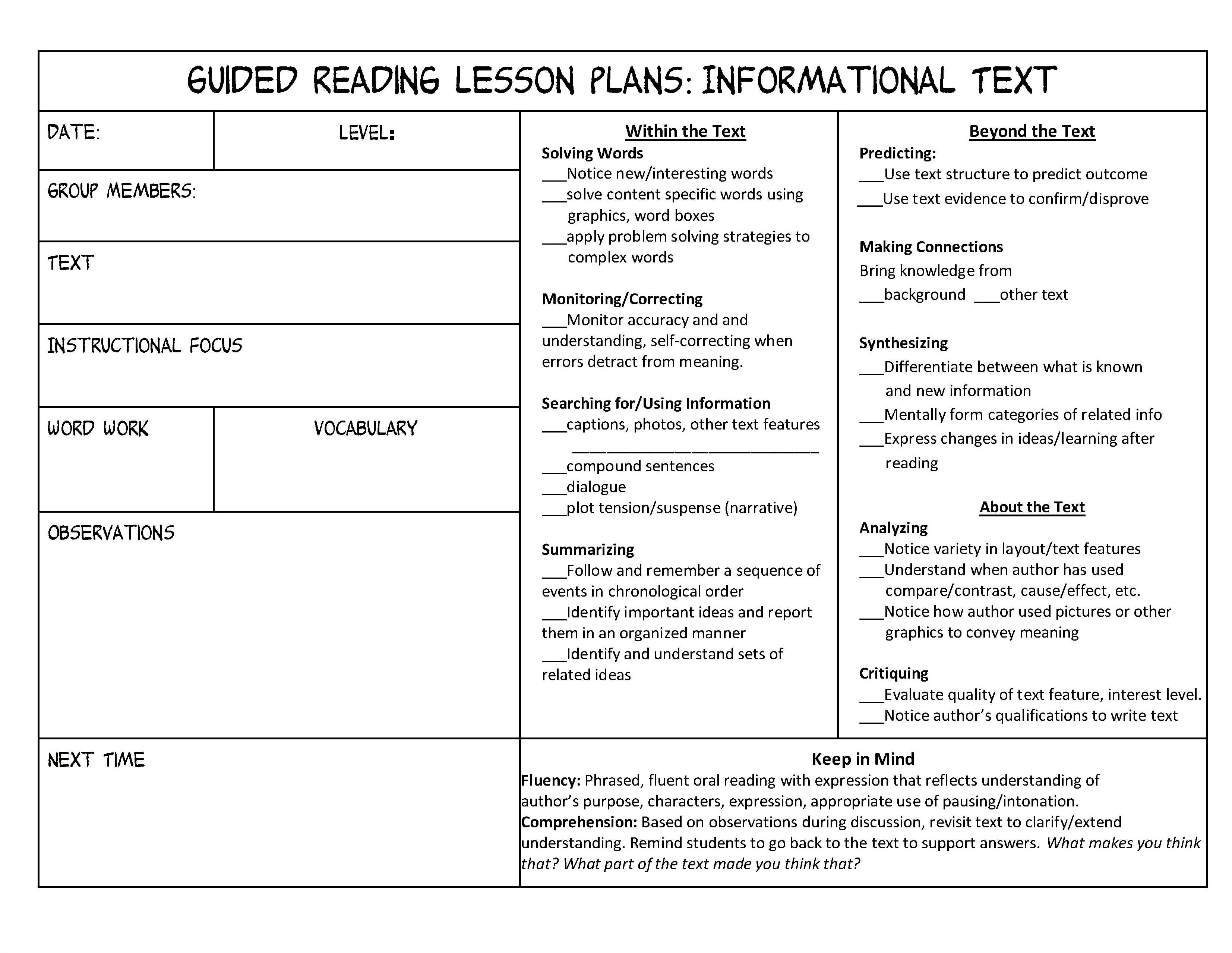 Lesson Plan Template For Reading Comprehension